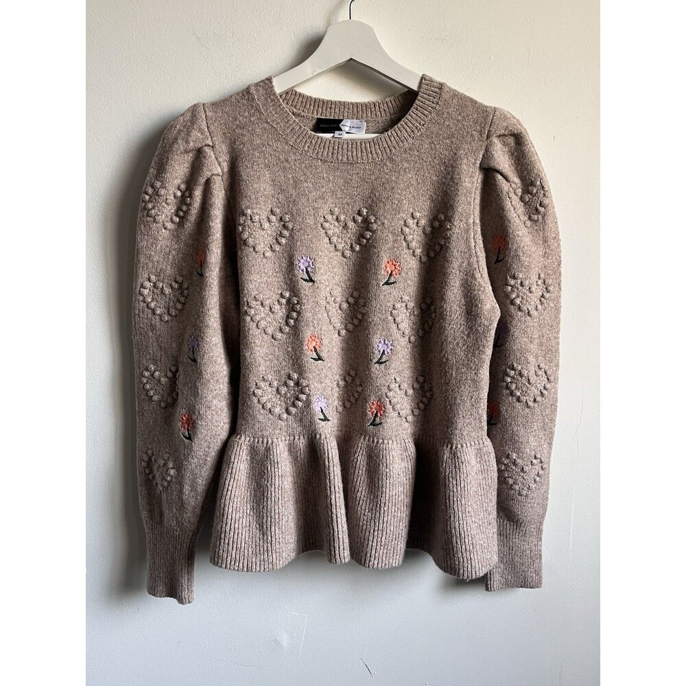 Piper & Scoot Sweater Puff Sleeve Floral Embroidery Cream Beige Sz M boho coquet